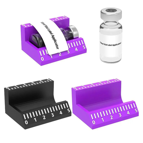 A set of purple and black precision vial label applicators for sealing vials.