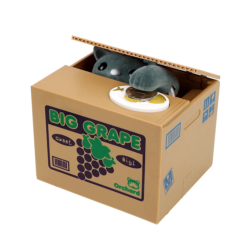 Braune Papp-Sparmaul, die wie eine Box geformt ist, mit einem animierten grauen Schweinhaupt und einem Traubendesign.