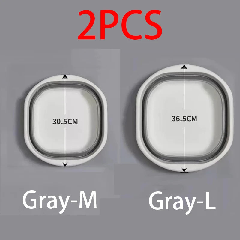 Two foldable plastic wash basins, Gray-M and Gray-L sizes, shown side by side.