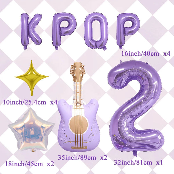 A set of purple balloons shaped like the letters KPOP and the number 2, including a guitar and golden stars.
