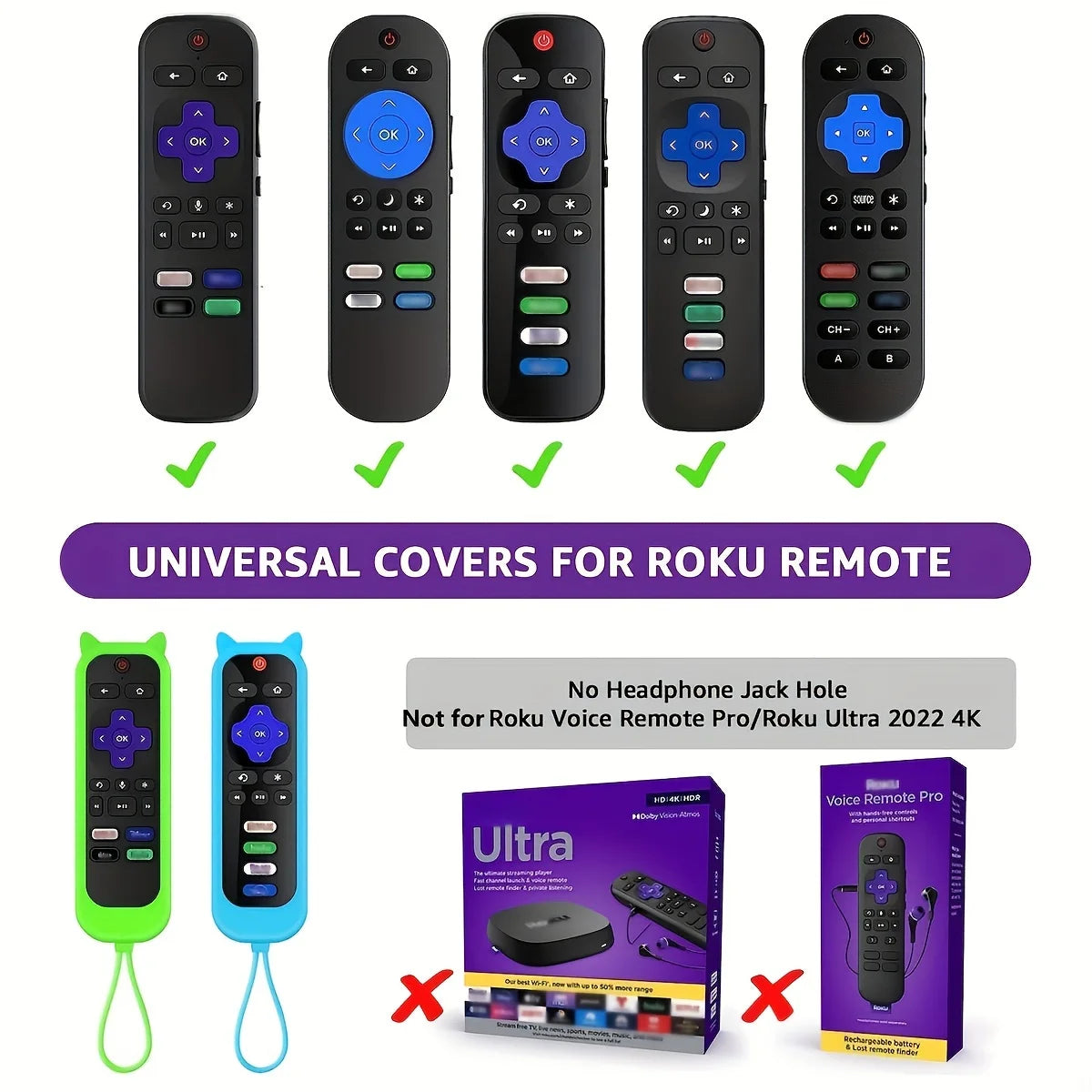 Universal covers for Roku remote including multiple black and green options