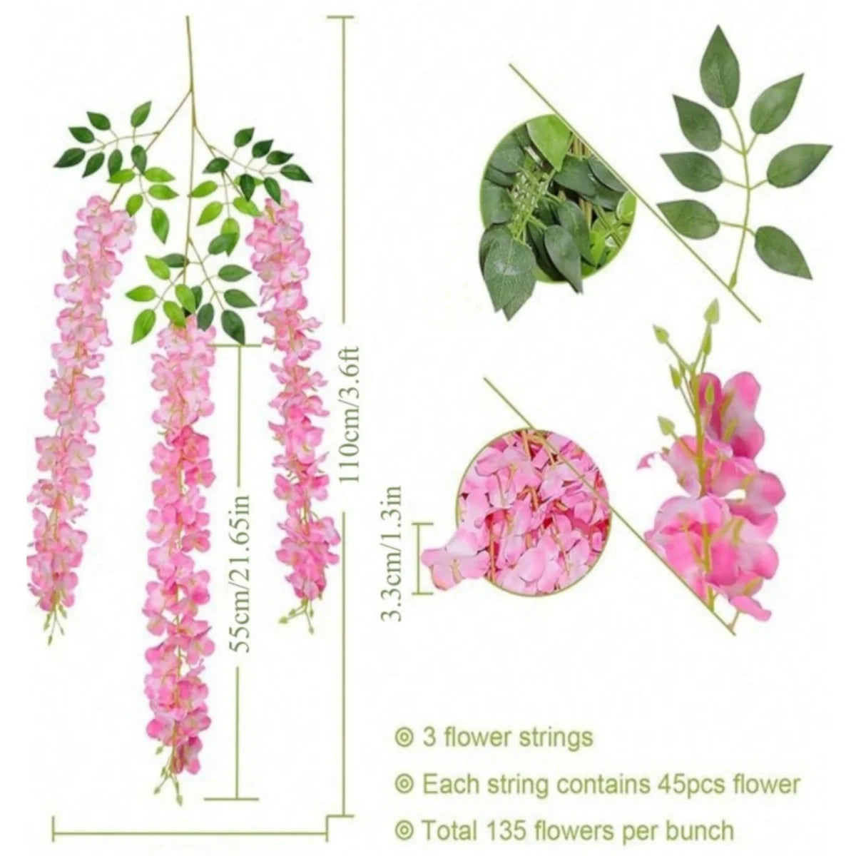 A bunch of artificial wisteria flowers shown in various forms including long strings and a circular arrangement.