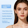 A woman is shown looking at the camera while holding a clean skin towel with benefits listed.