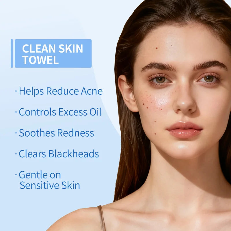 A woman is shown looking at the camera while holding a clean skin towel with benefits listed.