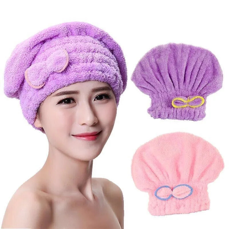 A woman is modeling a purple microfiber hair drying towel cap, with the product shown separately in pink.