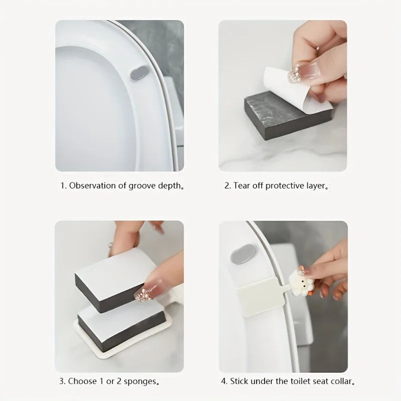 Step-by-step guide showing how to use cartoon toilet seat lifter handles to lift a toilet seat.