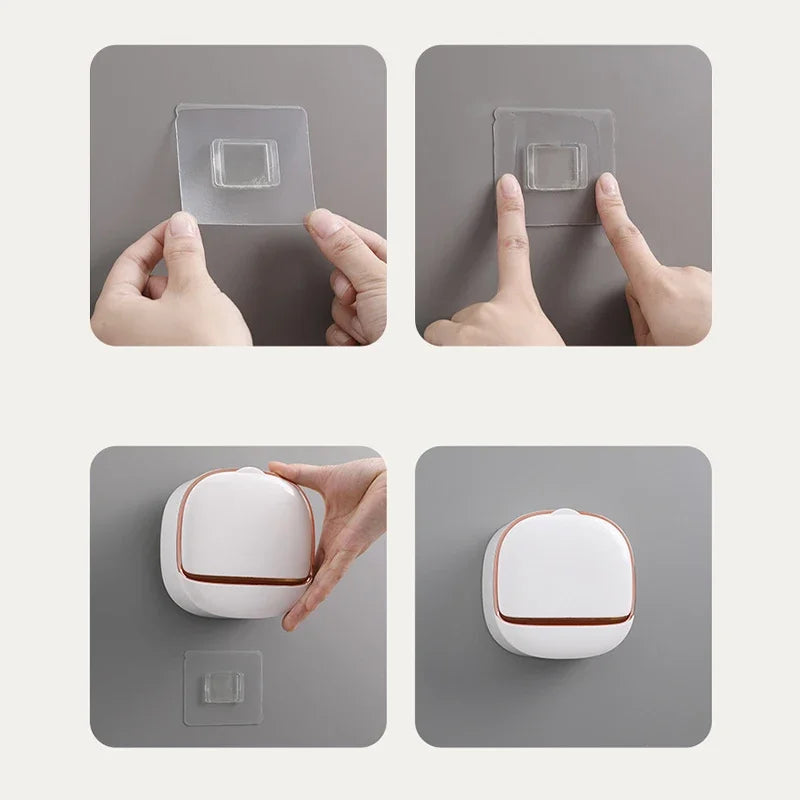 Hands are shown interacting with a wall-mounted soap dish with a lid and drainage feature.