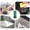 A green reusable household stain remover eraser is shown in various applications including cleaning a stovetop, a pot, and a 