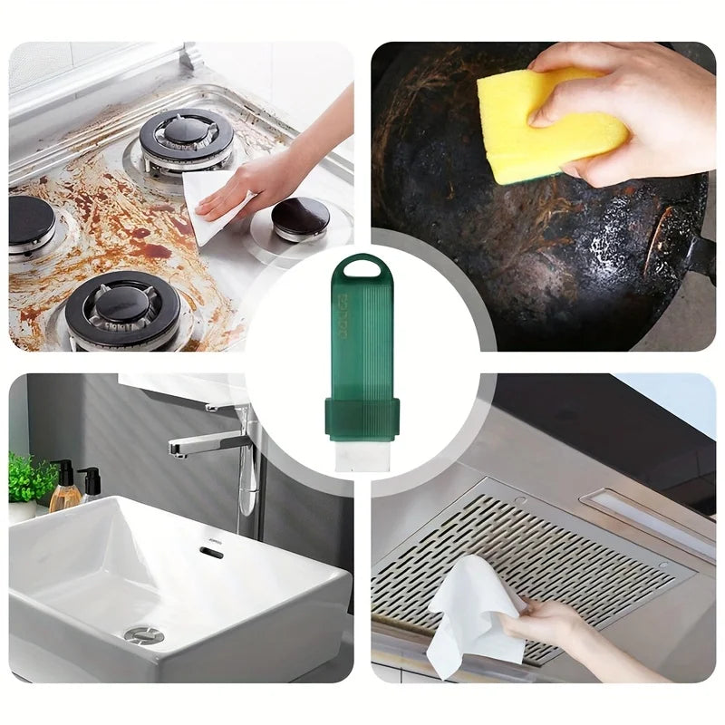 A green reusable household stain remover eraser is shown in various applications including cleaning a stovetop, a pot, and a 