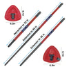 A red mop handle and base set with a telescopic shaft, showing various extension lengths.