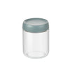 A clear glass meal prep jar with a light blue silicone lid.