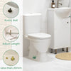 A white ceramic toilet with a rustic bolt cover and adjustable length features shown in detail.