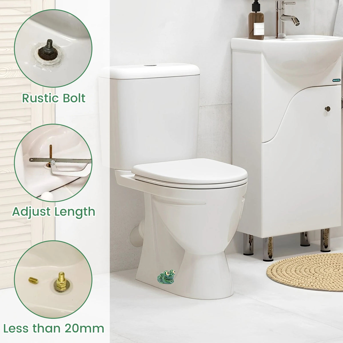 A white ceramic toilet with a rustic bolt cover and adjustable length features shown in detail.