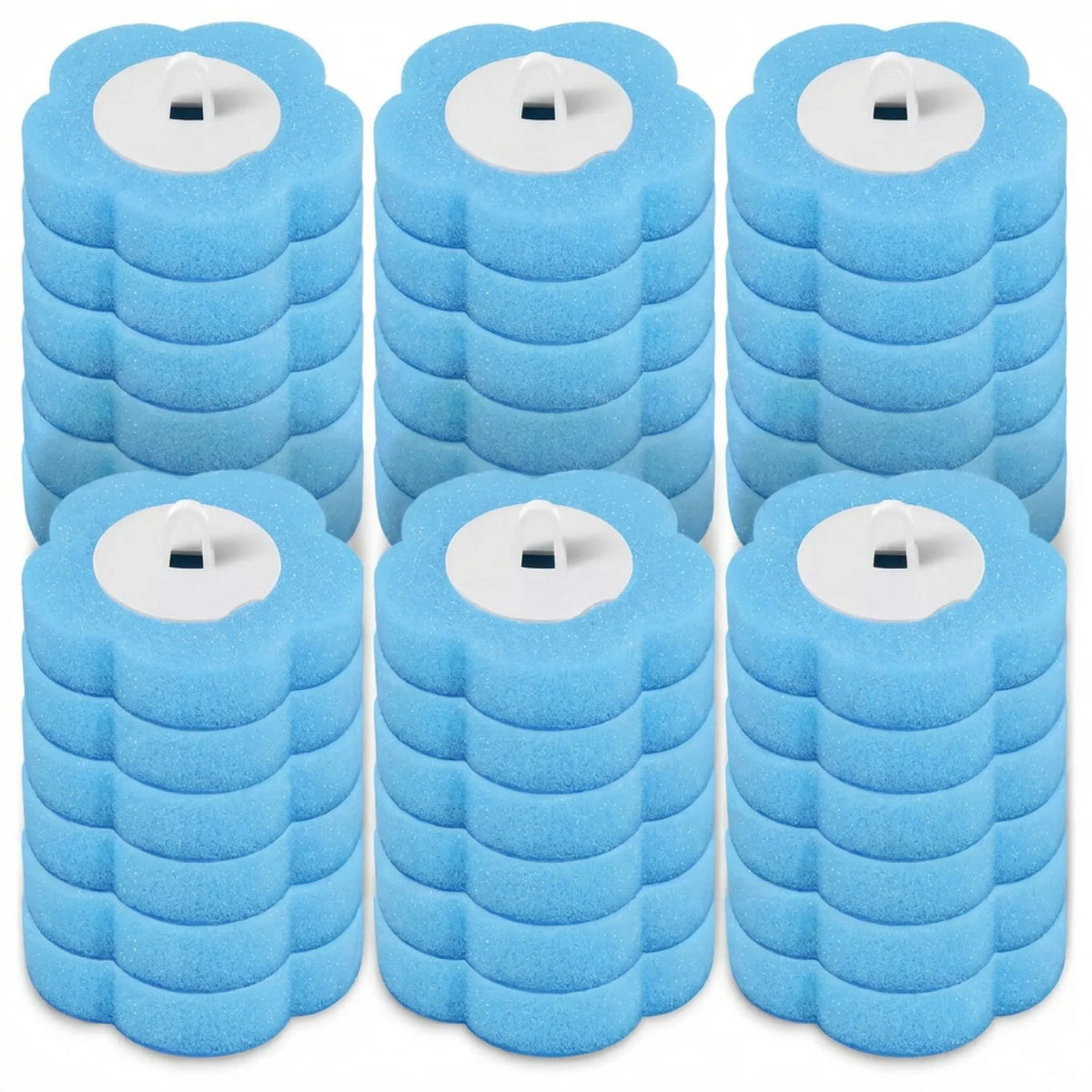 A set of blue silicone toilet brushes with long handles for cleaning.