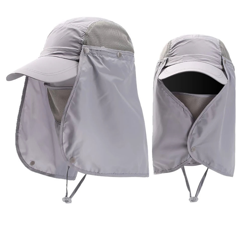 A light gray UV protection fishing sun hat shown in a folded, open state.