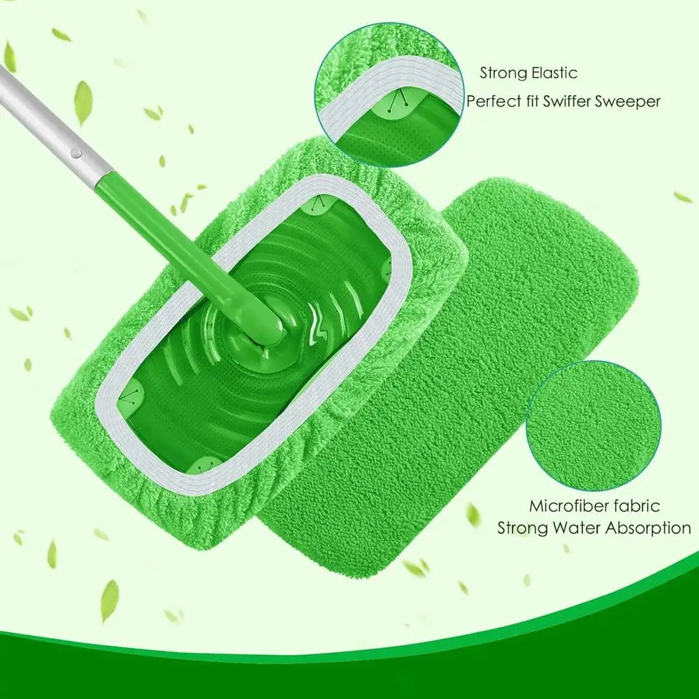 A green microfiber mop cloth with a white trim is shown being used to clean a surface, highlighting its strong elastic and wa