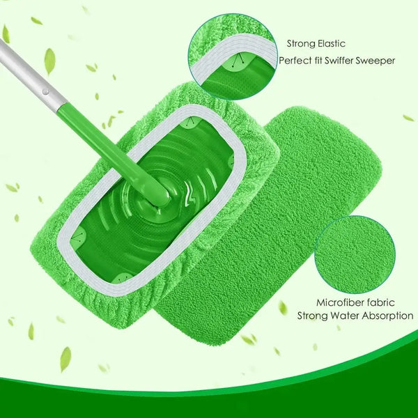 A green microfiber mop cloth with a white trim is shown being used to clean a surface, highlighting its strong elastic and wa