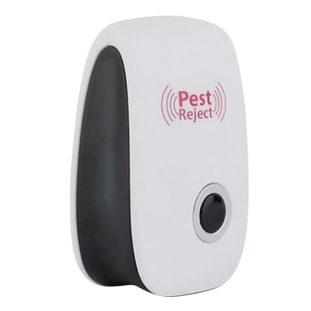 A white ultrasonic pest repeller device with a black section and a circular opening.