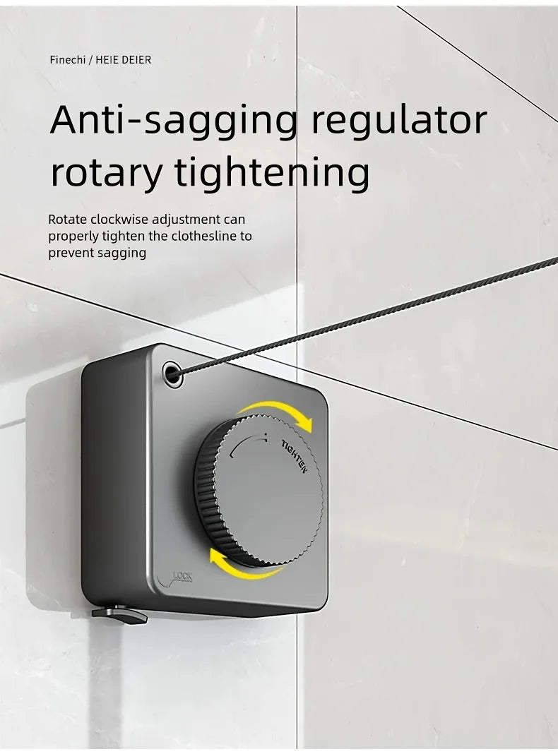 A close-up of an anti-sagging rotary tightening mechanism for a retractable wire clothesline mounted on a white wall.