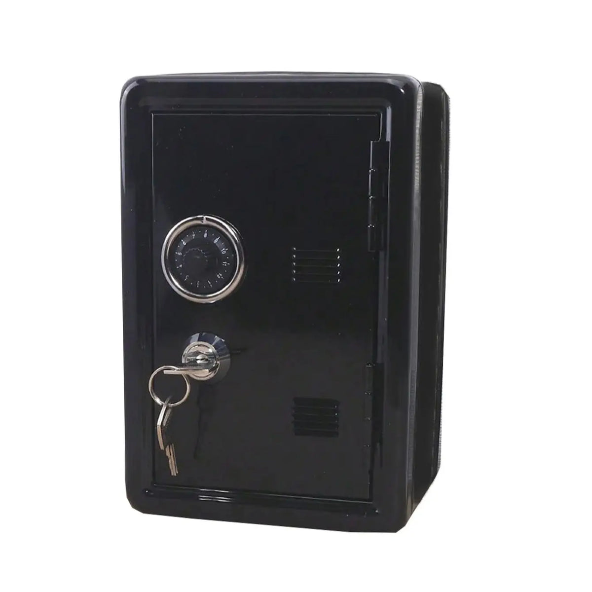A black metal piggy bank with a combination lock and a keyhole.