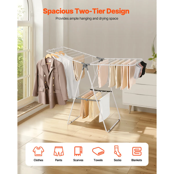 A silver two-tier clothing drying rack with multiple hanging rods for clothes, pants, scarves, towels, socks, and blankets.