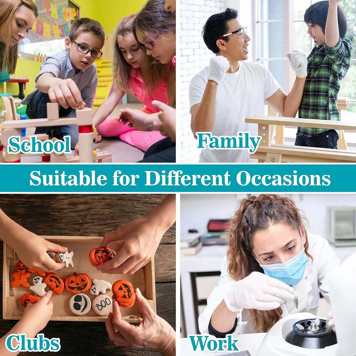 A collage showing resin false teeth used in various contexts like school, family, clubs, and work.