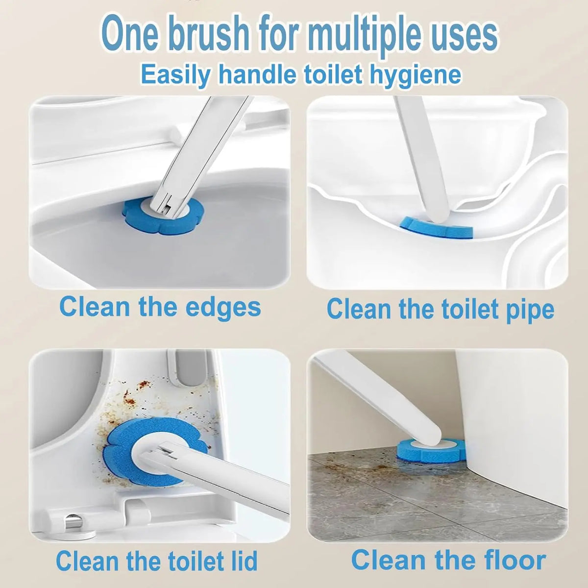 A disposable toilet brush and holder set demonstrating cleaning the edges, pipe, lid, and floor.