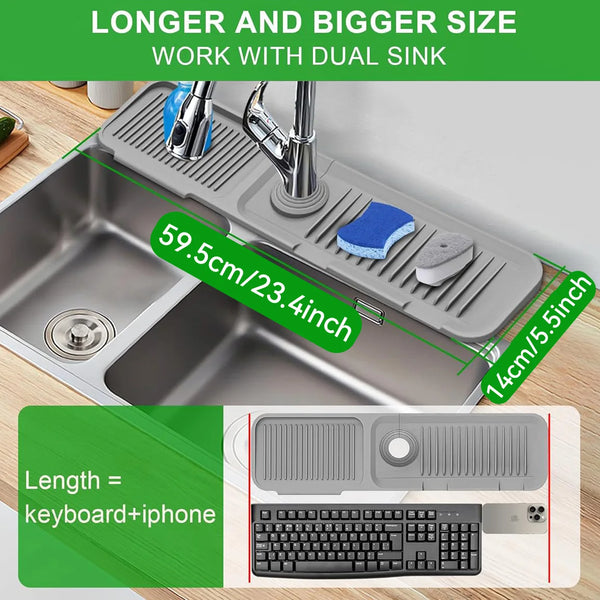 A silicone sink splash guard mat is shown with a dual sink, demonstrating its size and compatibility.