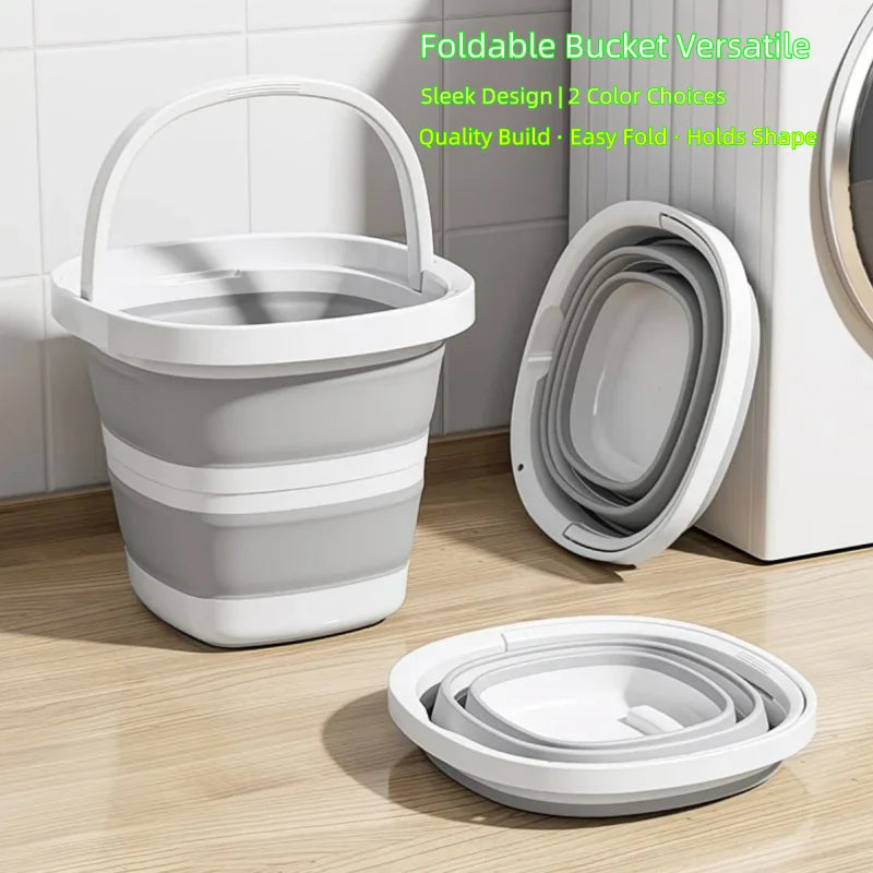 A white foldable bucket is shown next to a white plastic container and a lid on a wooden surface.