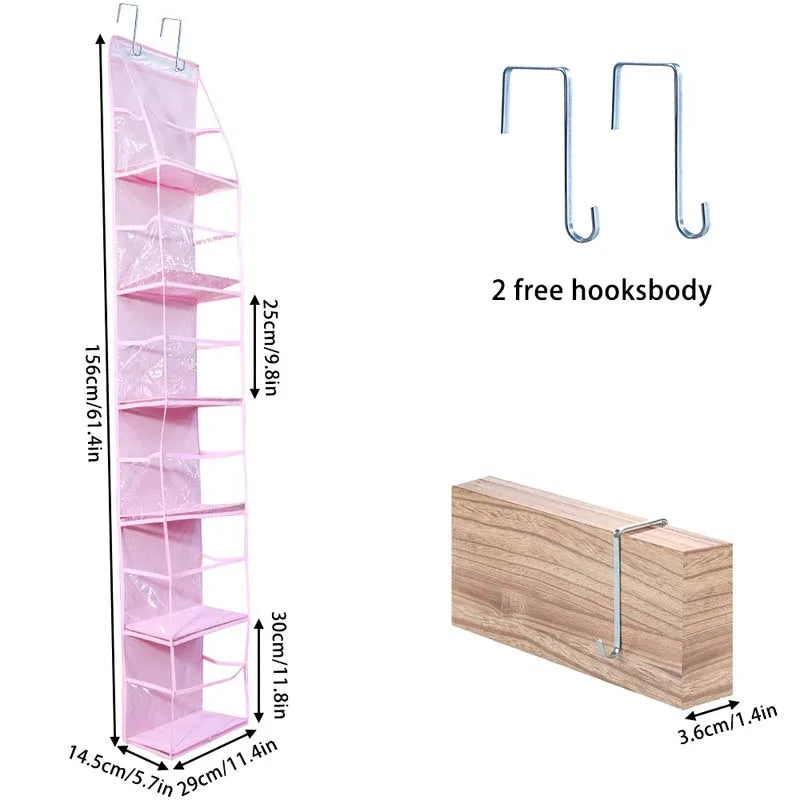 Pink over-the-door fabric storage organizer with multiple pockets and two free hooks