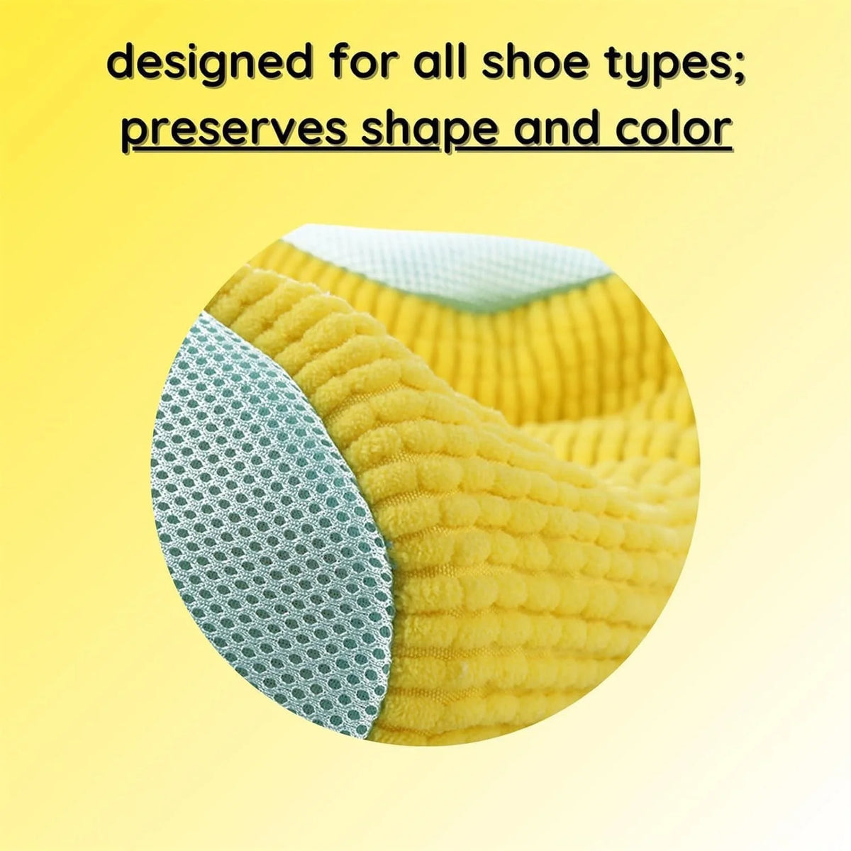 A close-up view of a yellow and light blue reusable shoe washing bag with soft bristles.