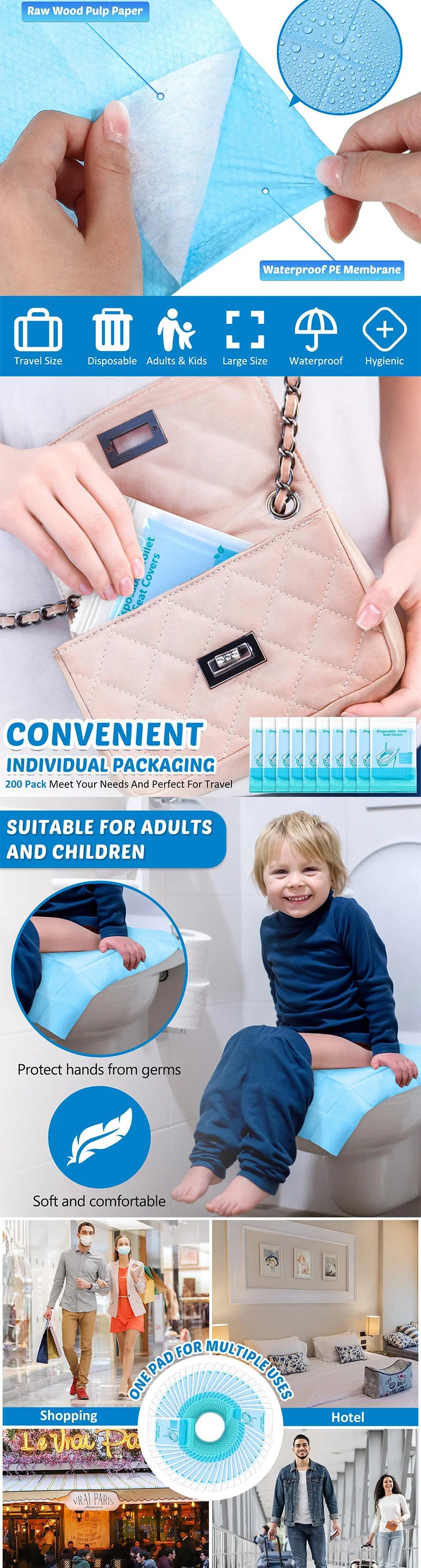 Disposable oversized toilet seat covers for training shown in various sizes and packaging options