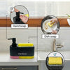 Set de distributeurs de savon multifonction 3-en-1 : liquide, vaisselle et support éponge.