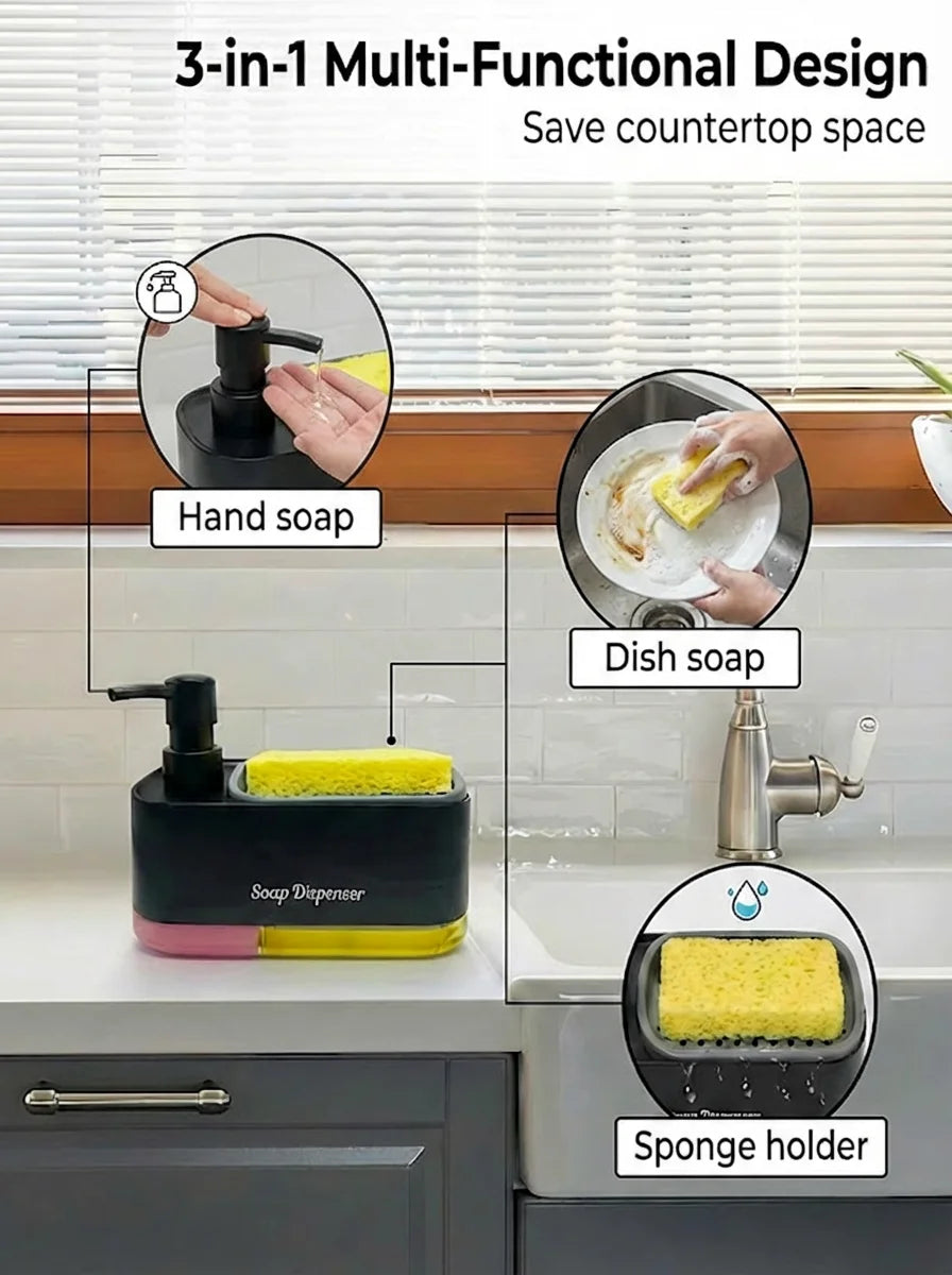 Set de distributeurs de savon multifonction 3-en-1 : liquide, vaisselle et support éponge.