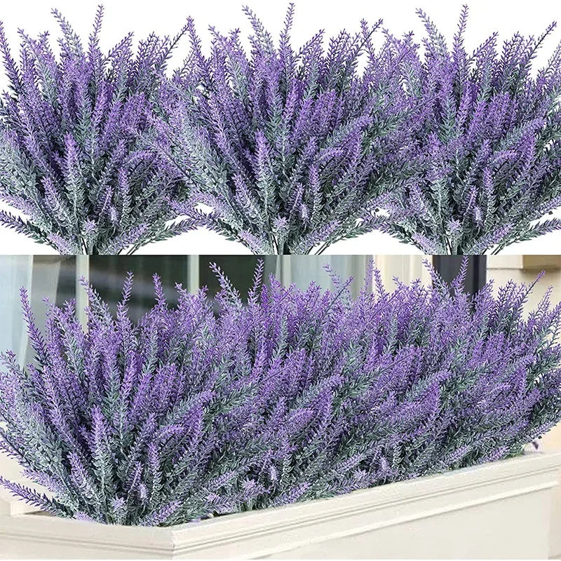 A close-up view of artificial lavender flowers in various shades of purple and gray.