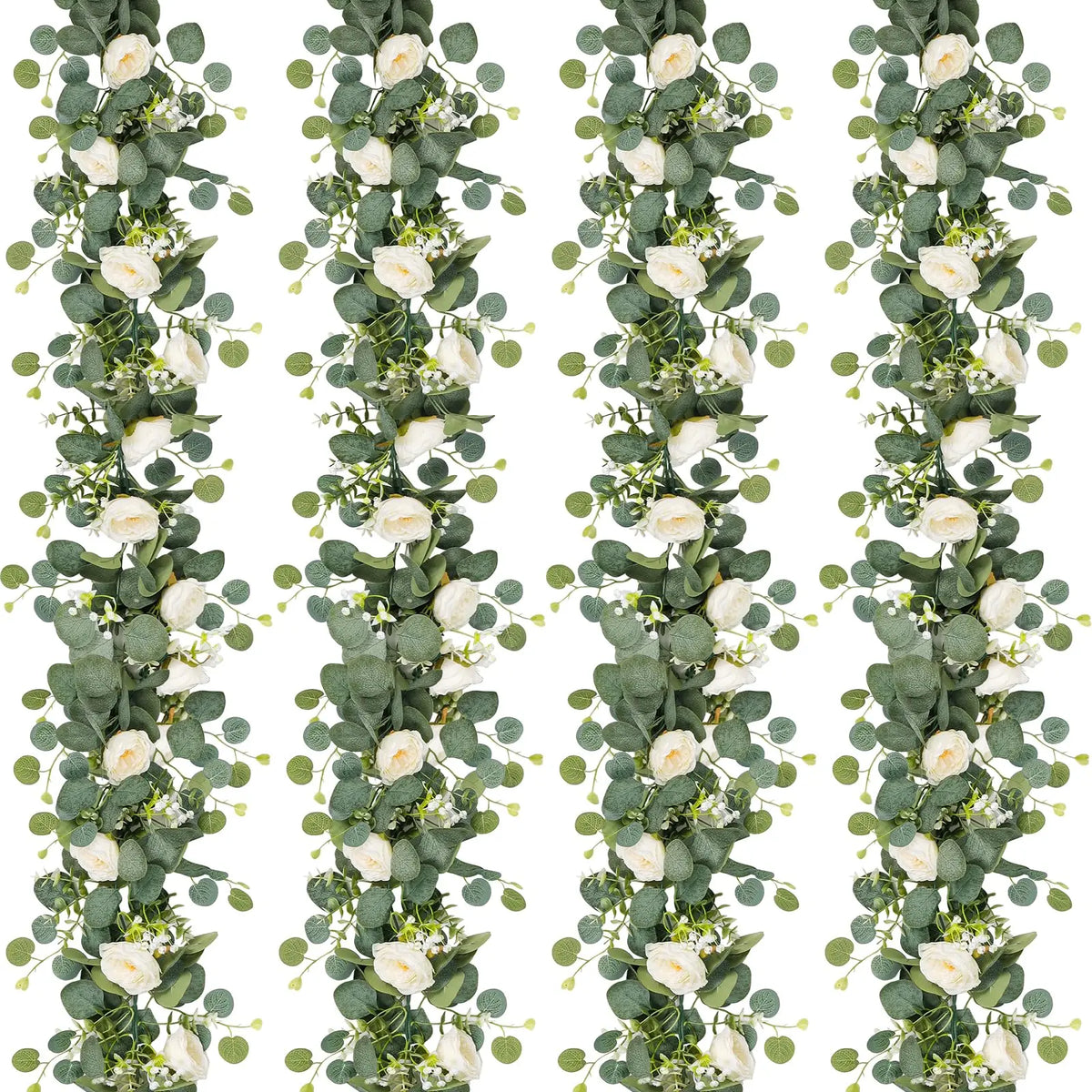 A vertical garland made of artificial eucalyptus leaves and white roses.