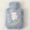 A soft gray plush cartoon bear with a yellow bow is depicted on a hot water bottle.