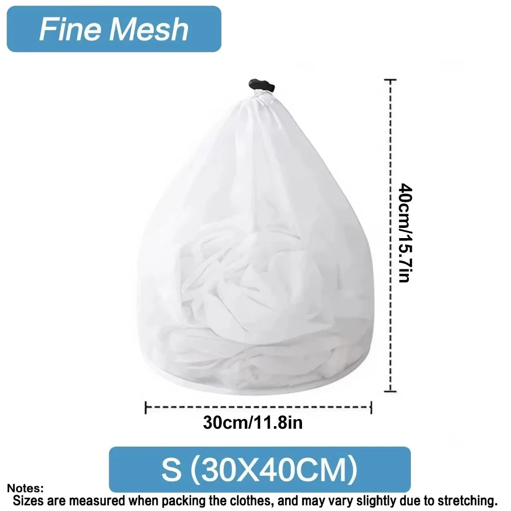A white fine mesh drawstring laundry bag shown from the top, with a measurement of 40cm by 15.7in.