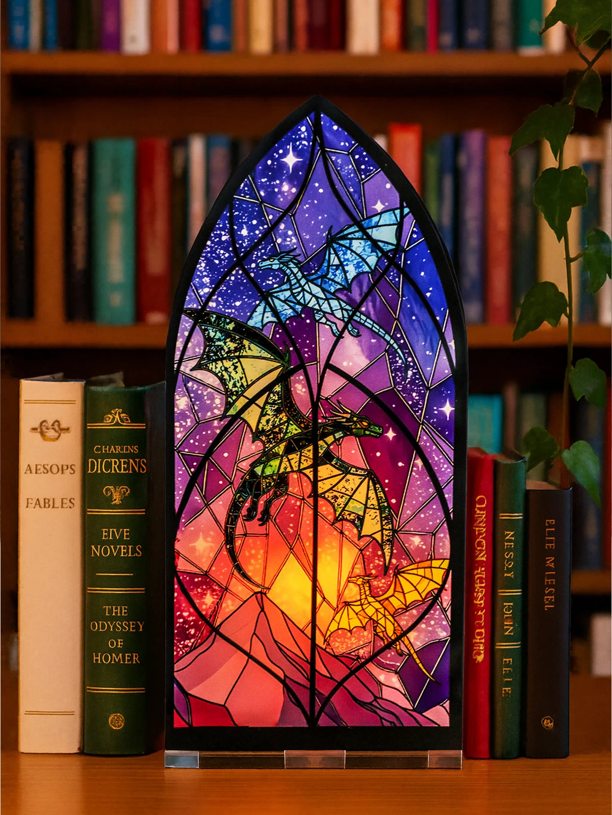 Porta-velas de arco gótico con dragón y diseño vibrante de vidriera.