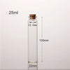 Flacon de potion en verre transparent avec bouchon en liège, étiqueté 25ml et mesurant 100mm de haut.