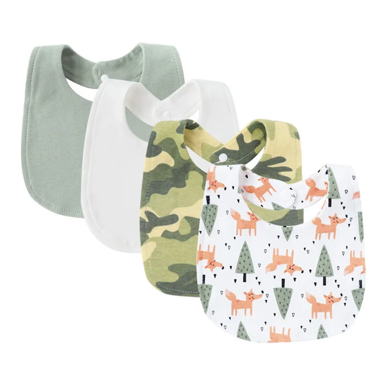 A pack of four soft cotton baby bibs in sage green, white, and camouflage patterns with cute animal prints.