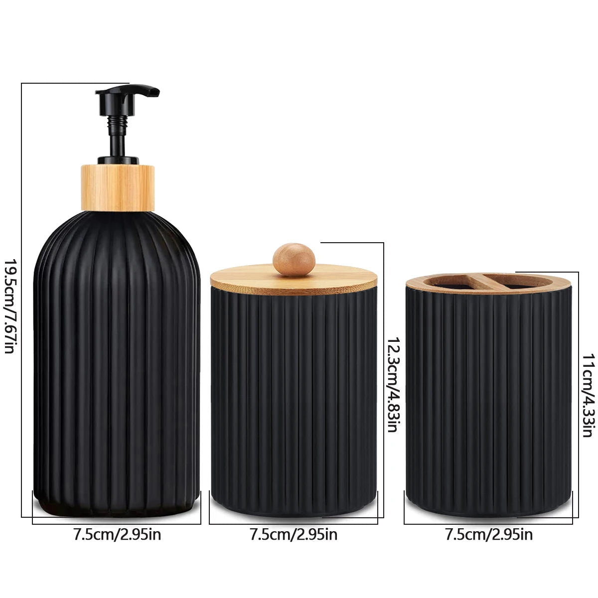 A set of black and wood bathroom countertop organizers featuring a pump dispenser bottle and cylindrical containers.