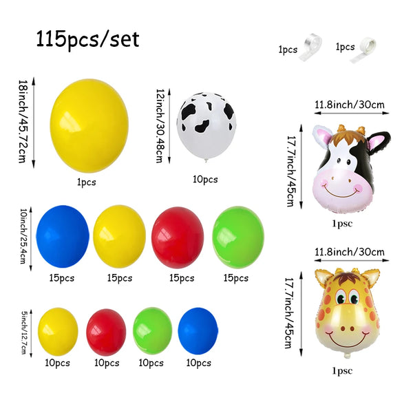Un juego de 115 globos incluyendo esferas amarillas, azules, rojas y verdes, y un globo con estampado de vaca.