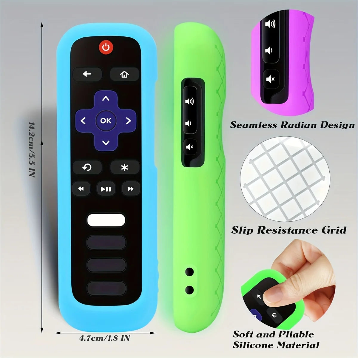 A blue remote control cover and a lime green silicone grip are shown with details about its design and material.
