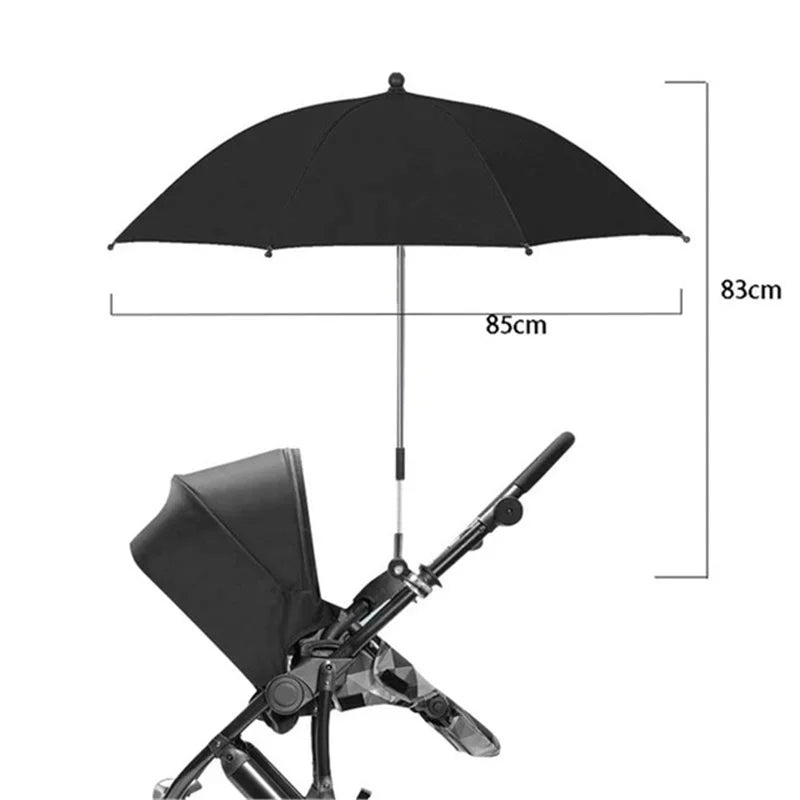 Paraguas para cochecito negro con protección UV, toldo grande y soporte plegable.