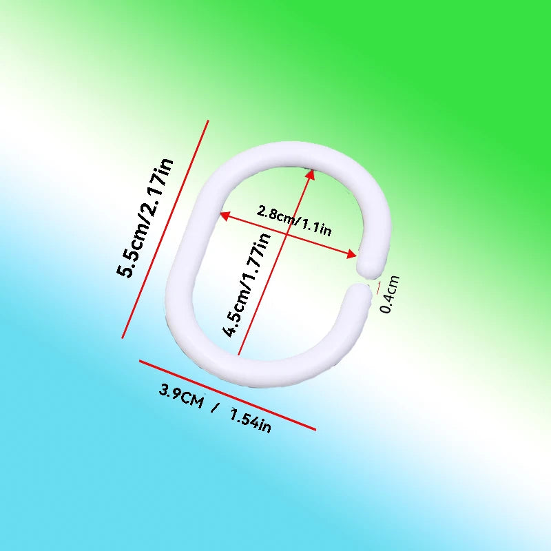 A white shower curtain ring with various dimensions marked on a green background.