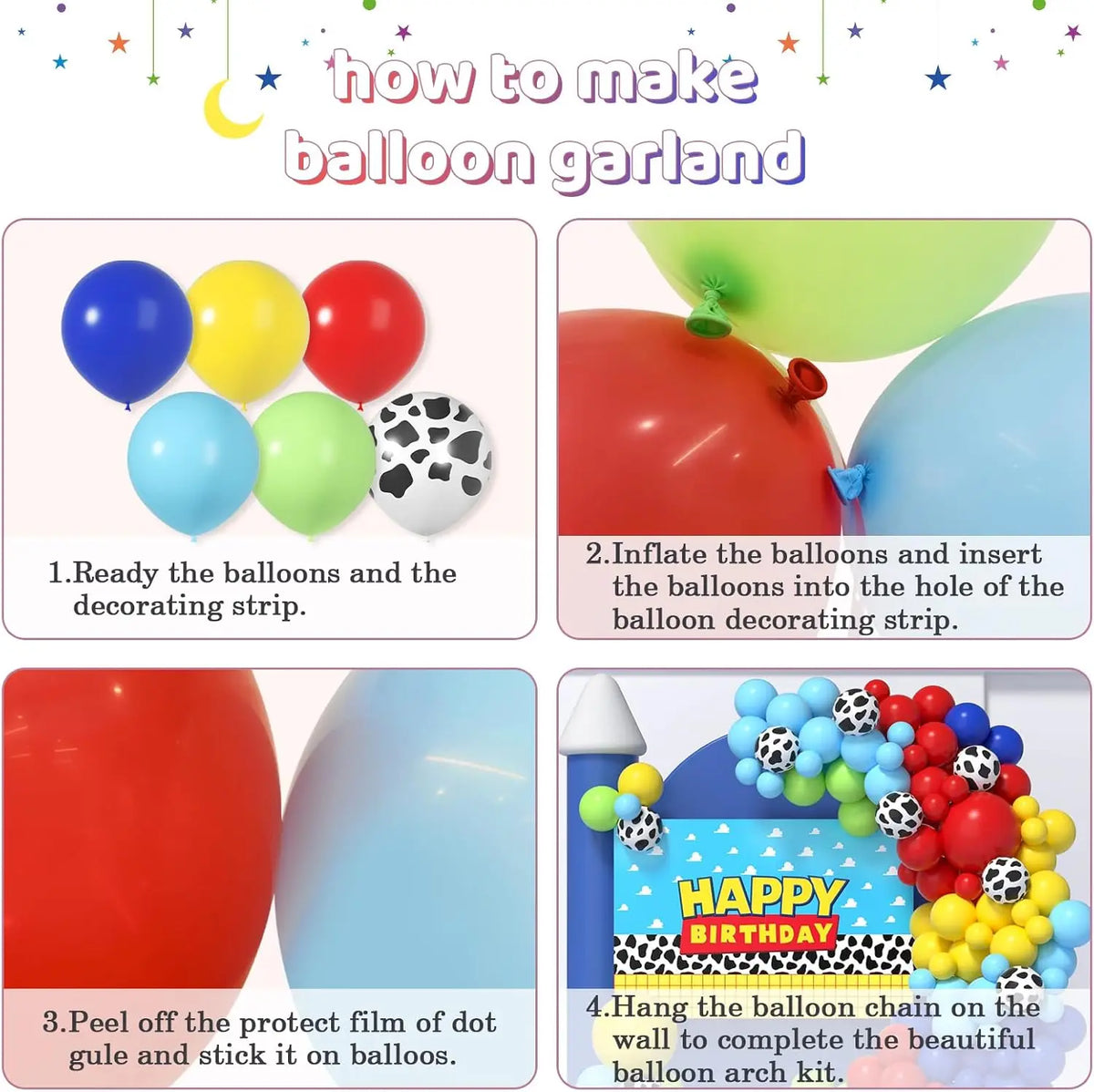 Instructions for making a balloon garland using various colored balloons and a decorating strip.