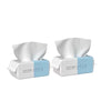 Two packs of disposable cotton facial wipes for sensitive skin in white and blue packaging