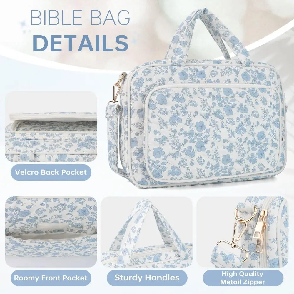 Light blue floral quilted Bible bag featuring a velcro back pocket, roomy front pocket, and sturdy handles.