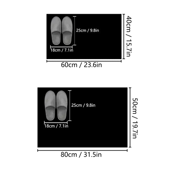A pair of square diatomaceous earth bath mats with non-slip rubber backing shown in various dimensions.